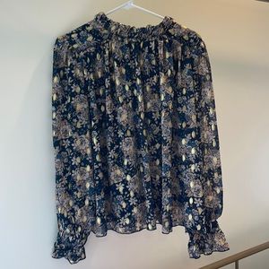 Navy blue, tan, and gold Fabrik blouse. Size small
